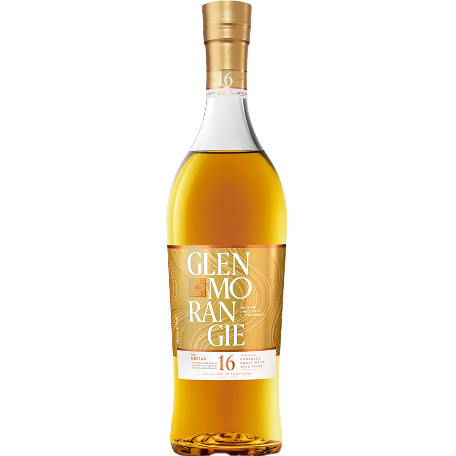 Glenmorangie The Nectar 16 Year Single Malt Scotch bottle with gold label and elegant design.