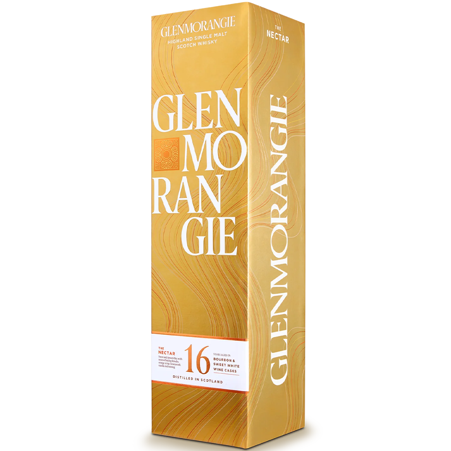 Glenmorangie The Nectar 16 Year Single Malt Scotch packaging with gold design and dessert-inspired flavors.