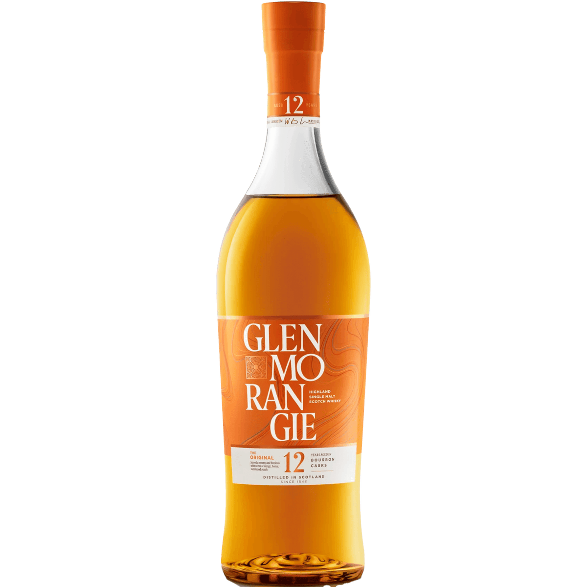 Glenmorangie The Original 12 Year Bourbon Cask single malt whisky bottle with vibrant orange label.