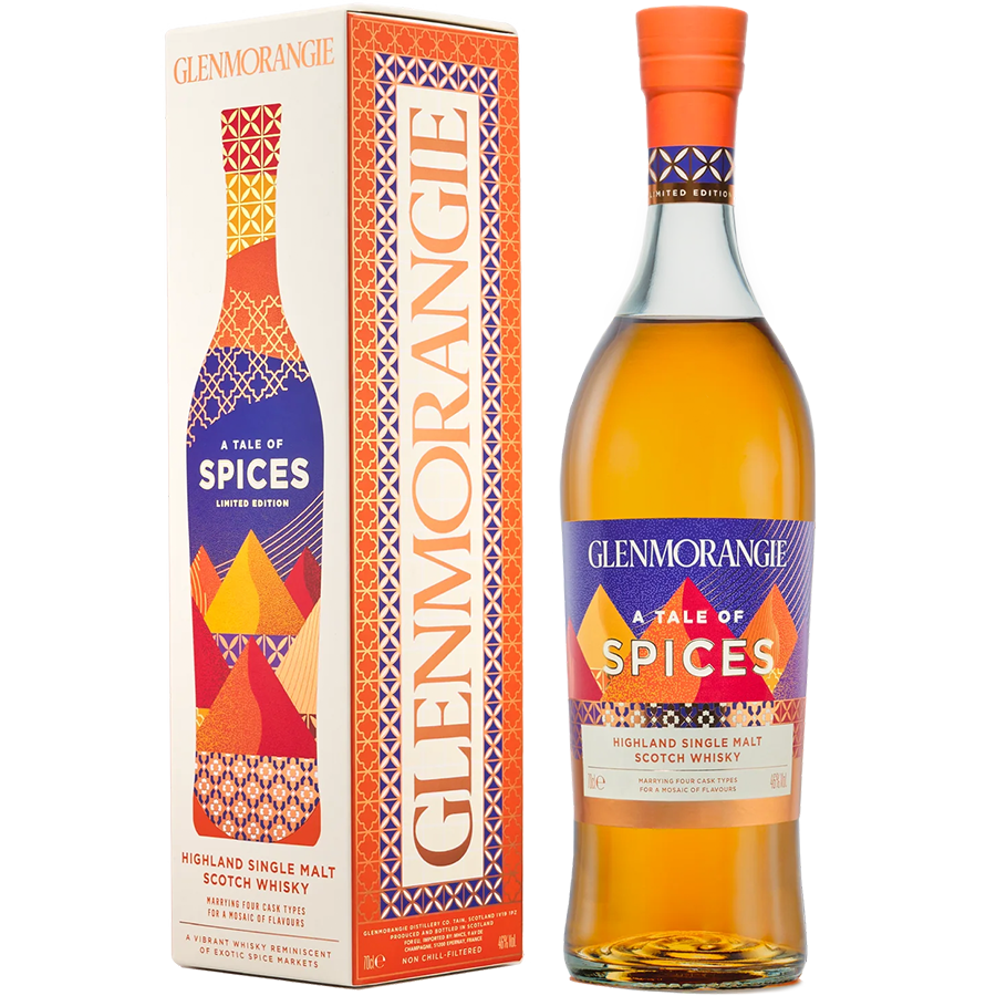 Glenmorangie a Tale of Spices Limited Release Scotch whisky bottle with colorful packaging.