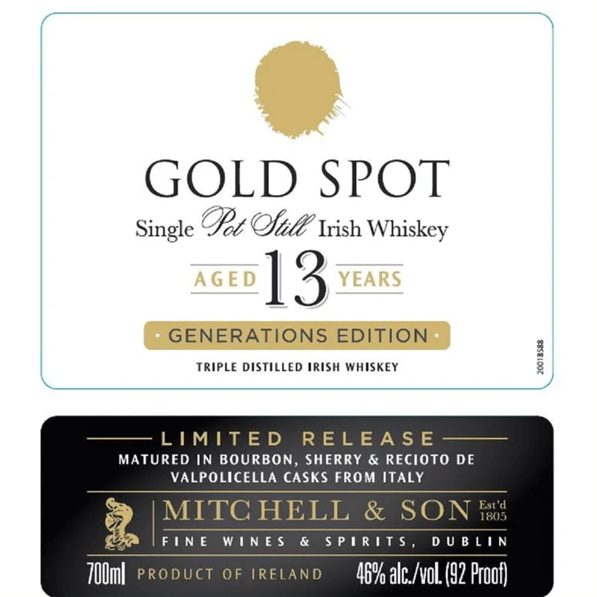 Label of Gold Spot Generations Limited Edition 13 Year Old Single Pot Still Irish Whiskey, 700ml, showcasing unique cask maturation.