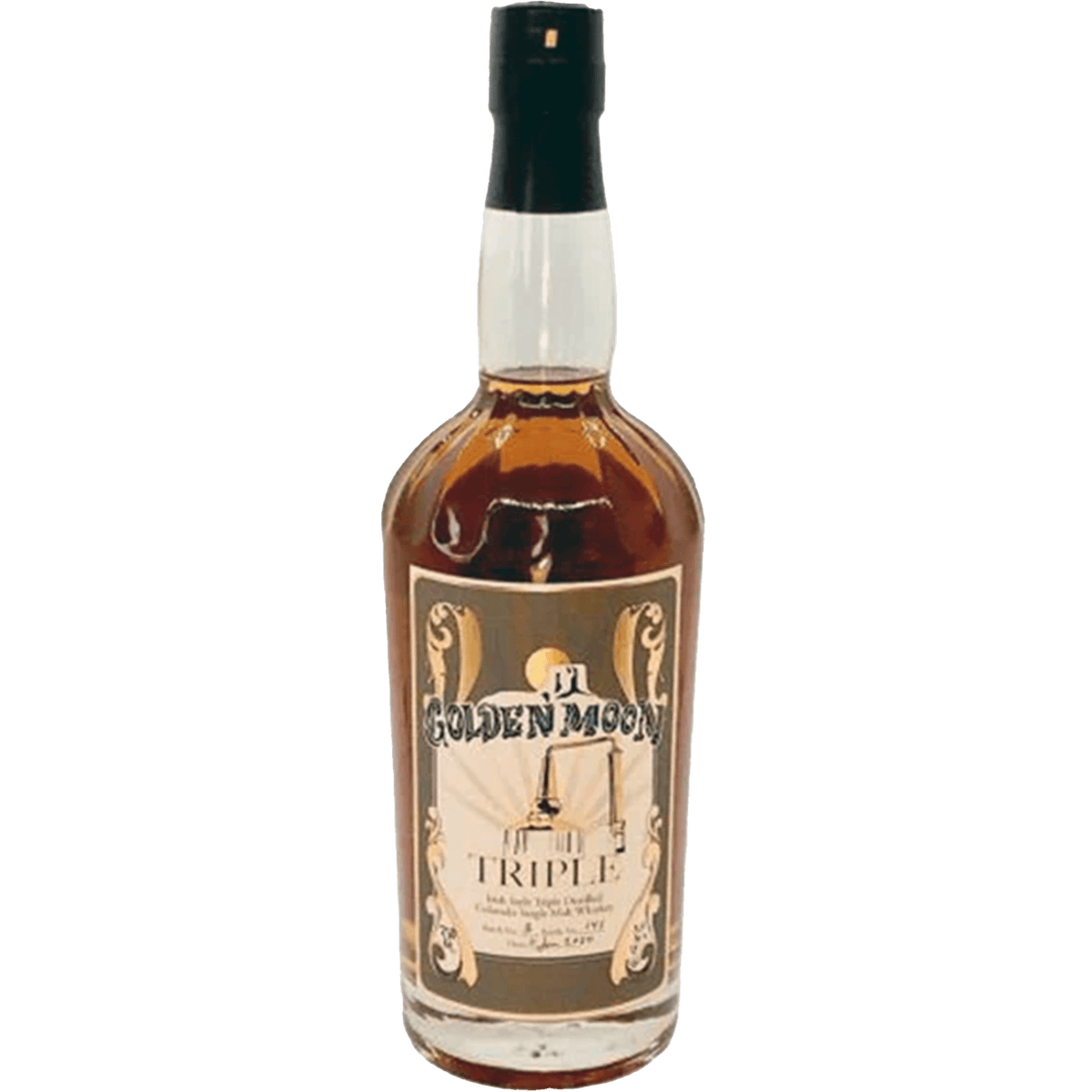 Golden Moon Triple Colorado Single Malt Whiskey bottle with unique label and amber color.