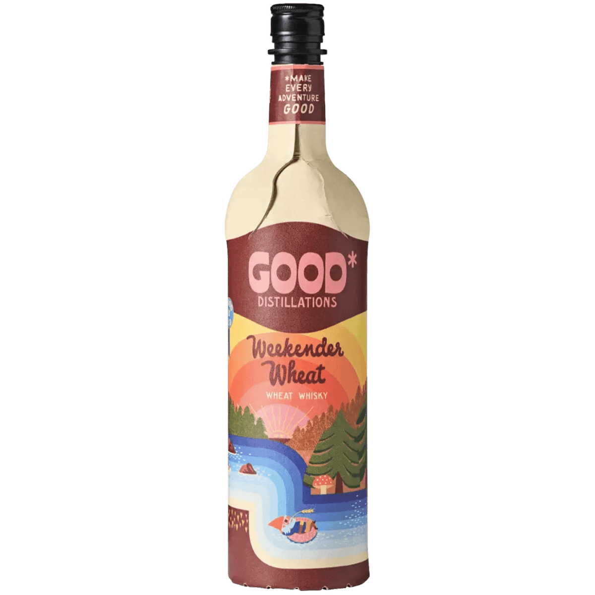 Good Distillations Weekender Wheat Whisky in lightweight paper bottle, perfect for adventures.