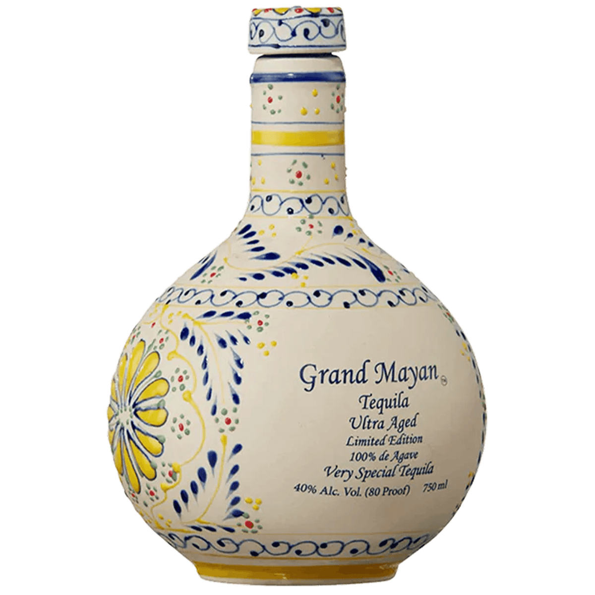 Grand Mayan Limited Edition Ultra Añejo Tequila bottle with intricate design and vibrant colors.