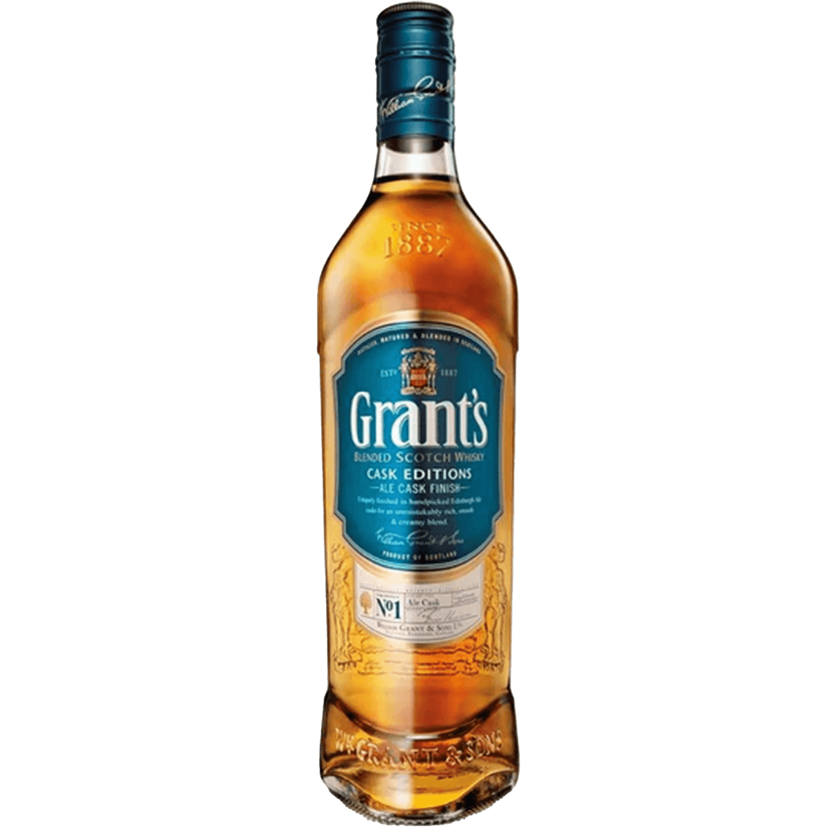 Grant's Ale Cask Finish Blended Scotch Whisky bottle with label and golden liquid.