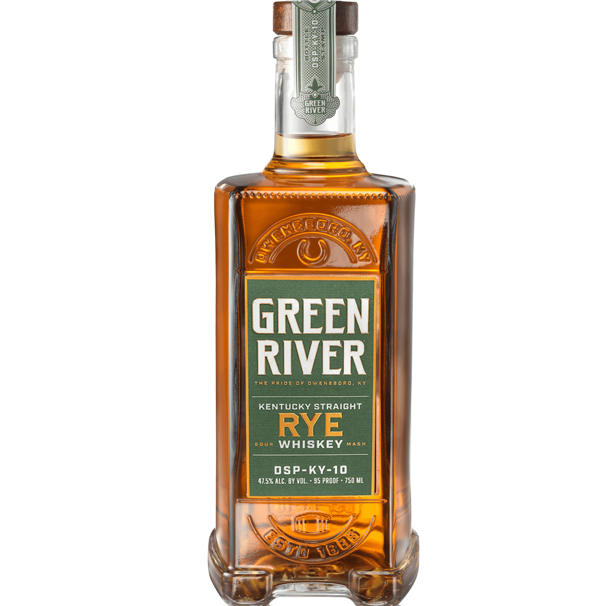 Green River Kentucky Straight Rye Whiskey bottle, 95 proof, featuring rich amber color and elegant label design.