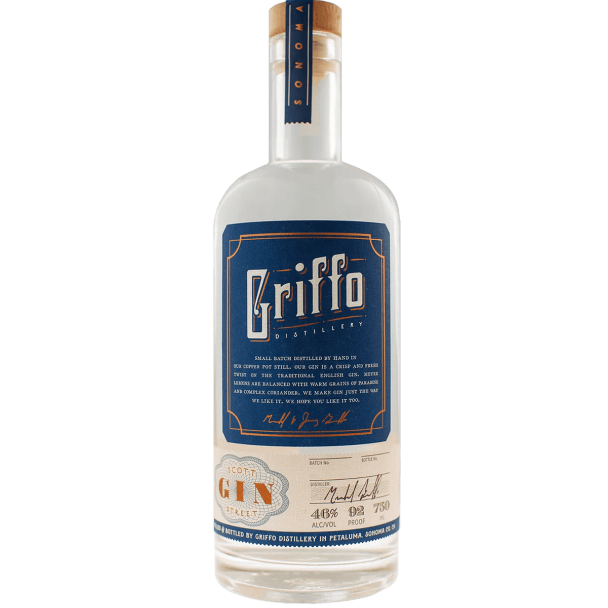 Griffo Scott Street Gin bottle showcasing award-winning California London Dry Gin with a classic design.