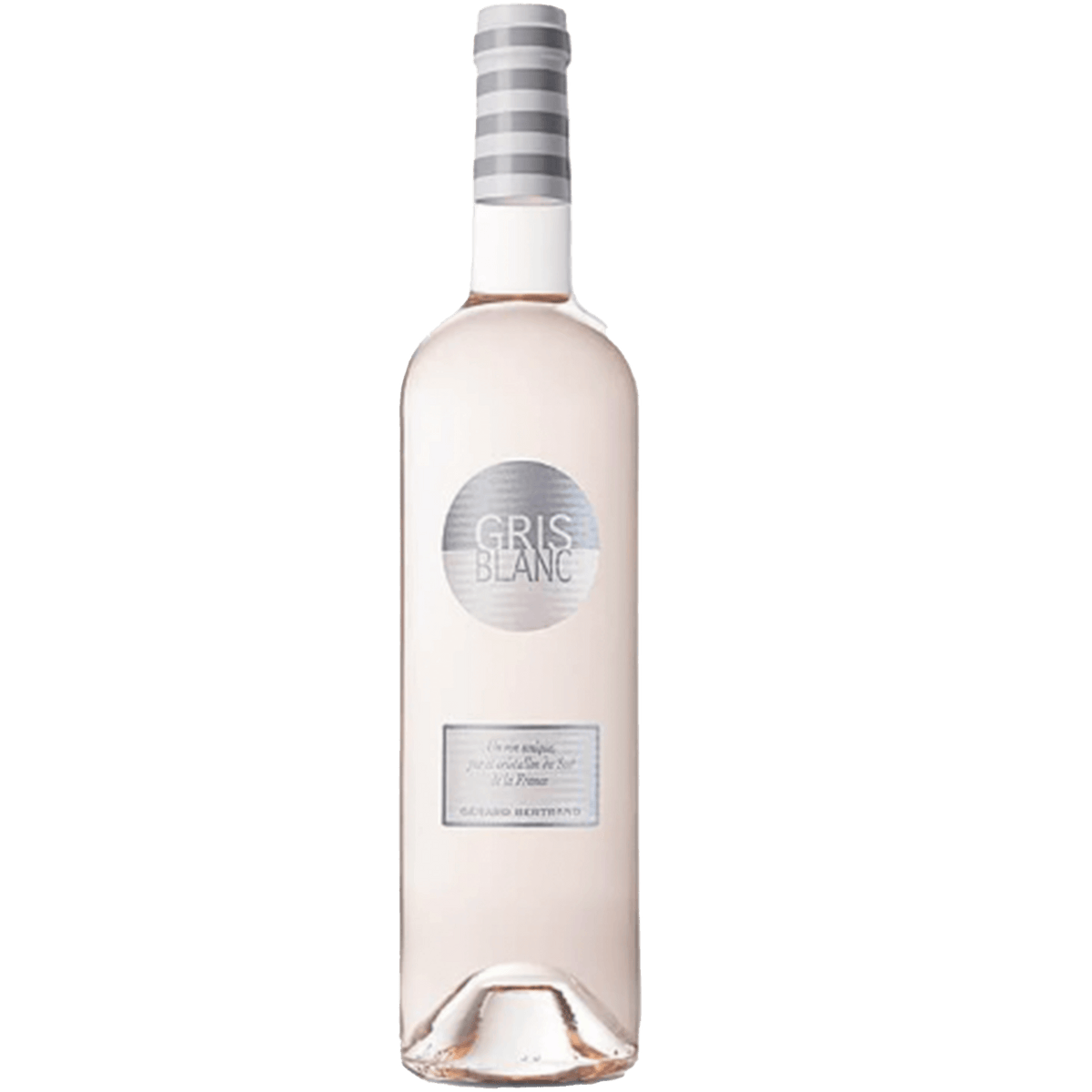Bottle of Gris Blanc Rosé wine, pale pink color showcasing Mediterranean Grenache varietal from Tautavel, France.