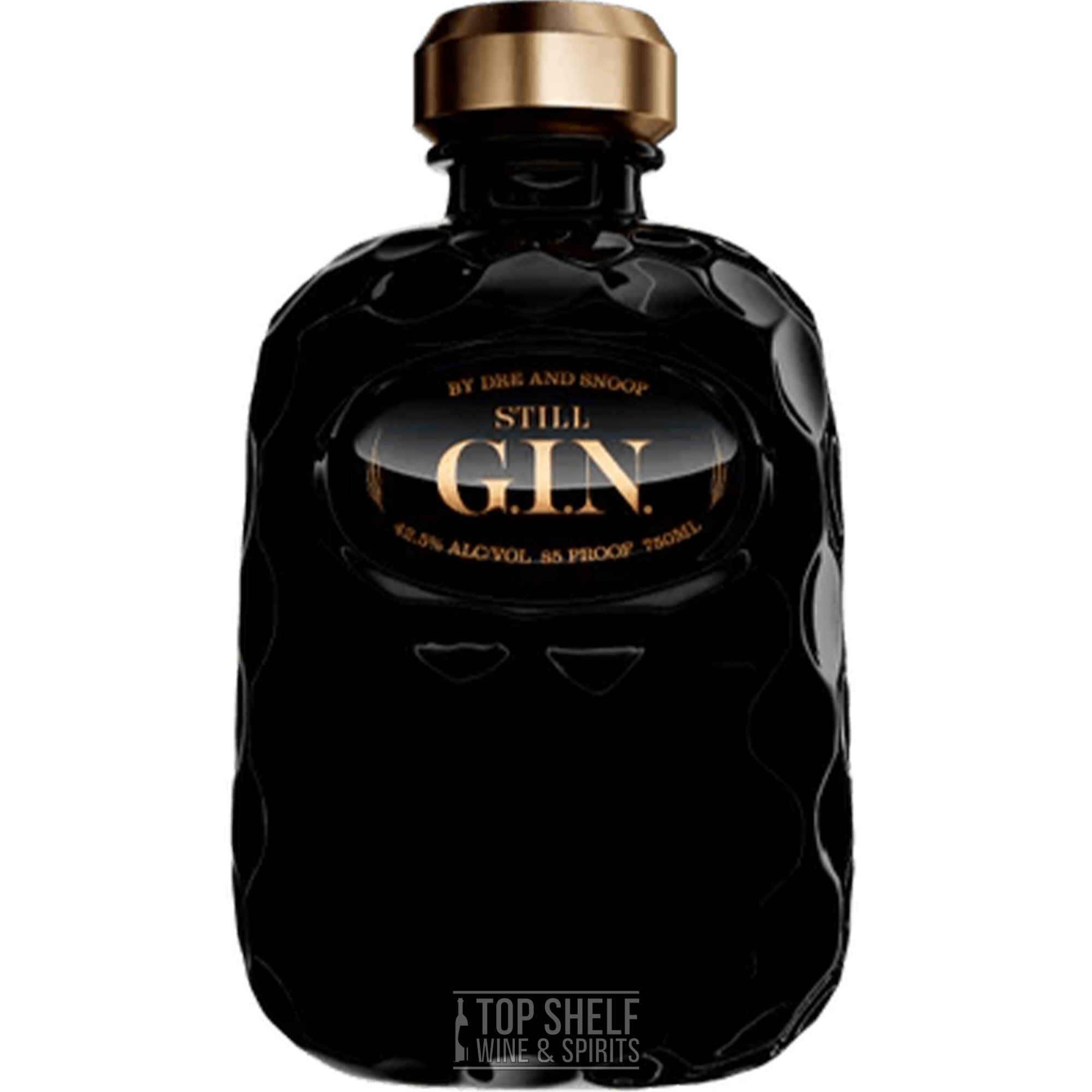 Still G.I.N. by Dre & Snoop gin bottle, ultra-premium spirit, 42.5% ABV, modern and elegant design.