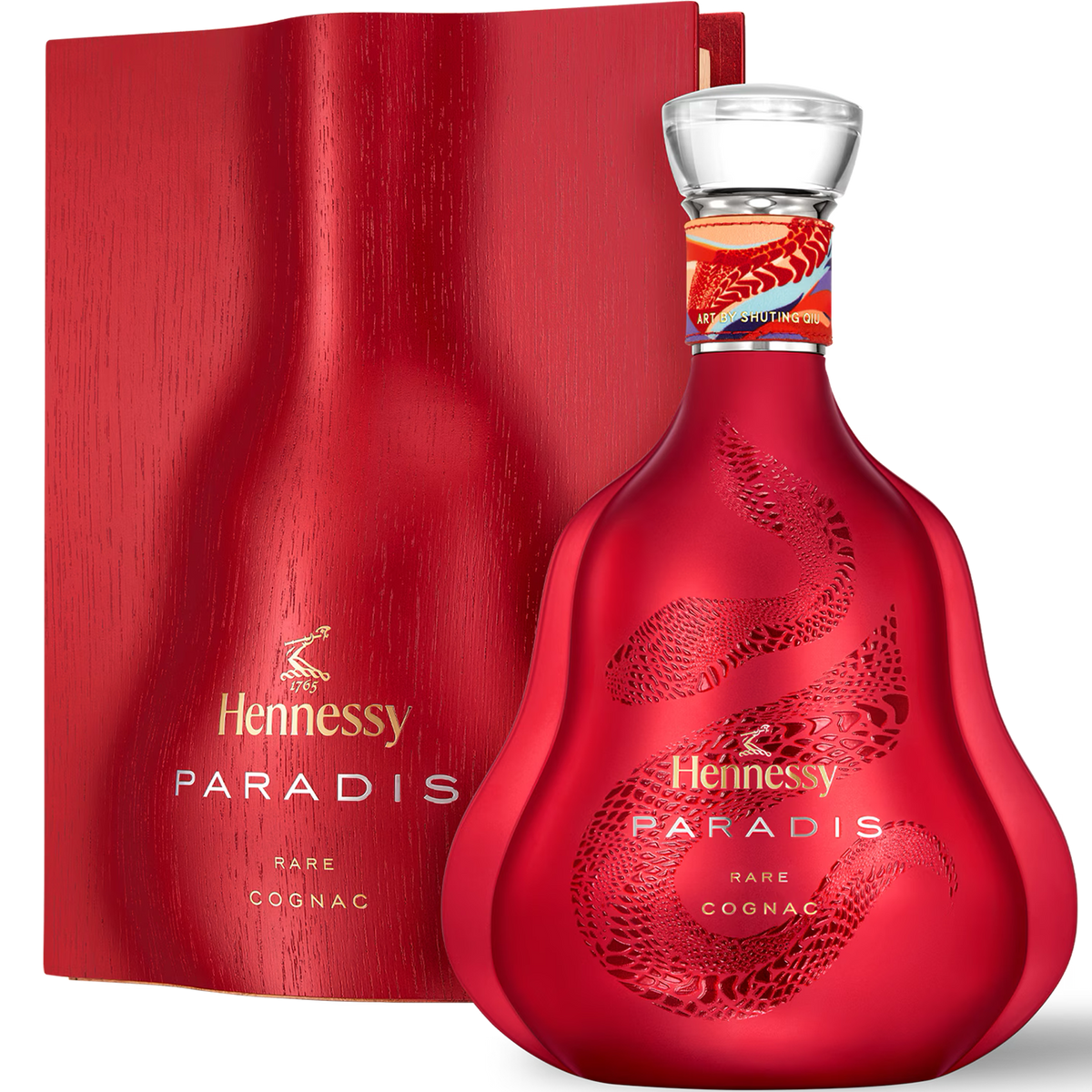 Hennessy Paradis Lunar New Year cognac in a red decanter with serpent design, elegantly packaged for the Year of the Snake.