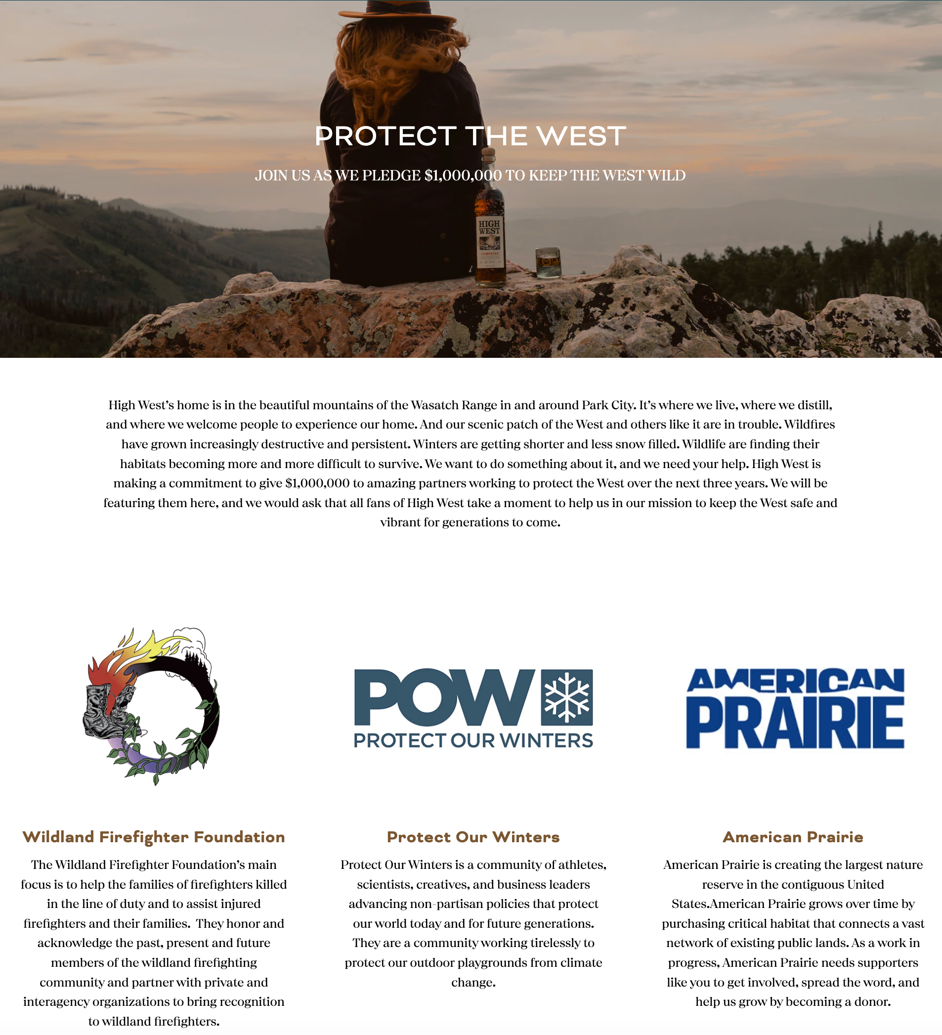 Person enjoying whiskey on a scenic mountain, promoting the Protect the West initiative.