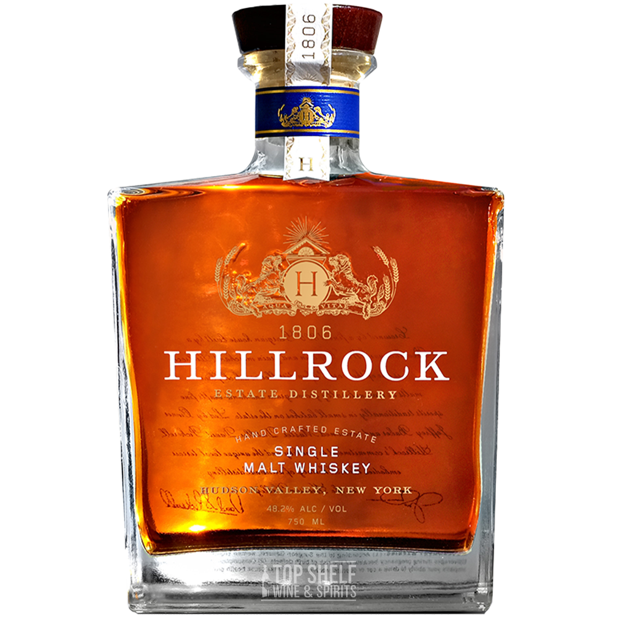 Hillrock Single Malt OPX Whiskey bottle with rich amber color, showcasing premium craftsmanship.