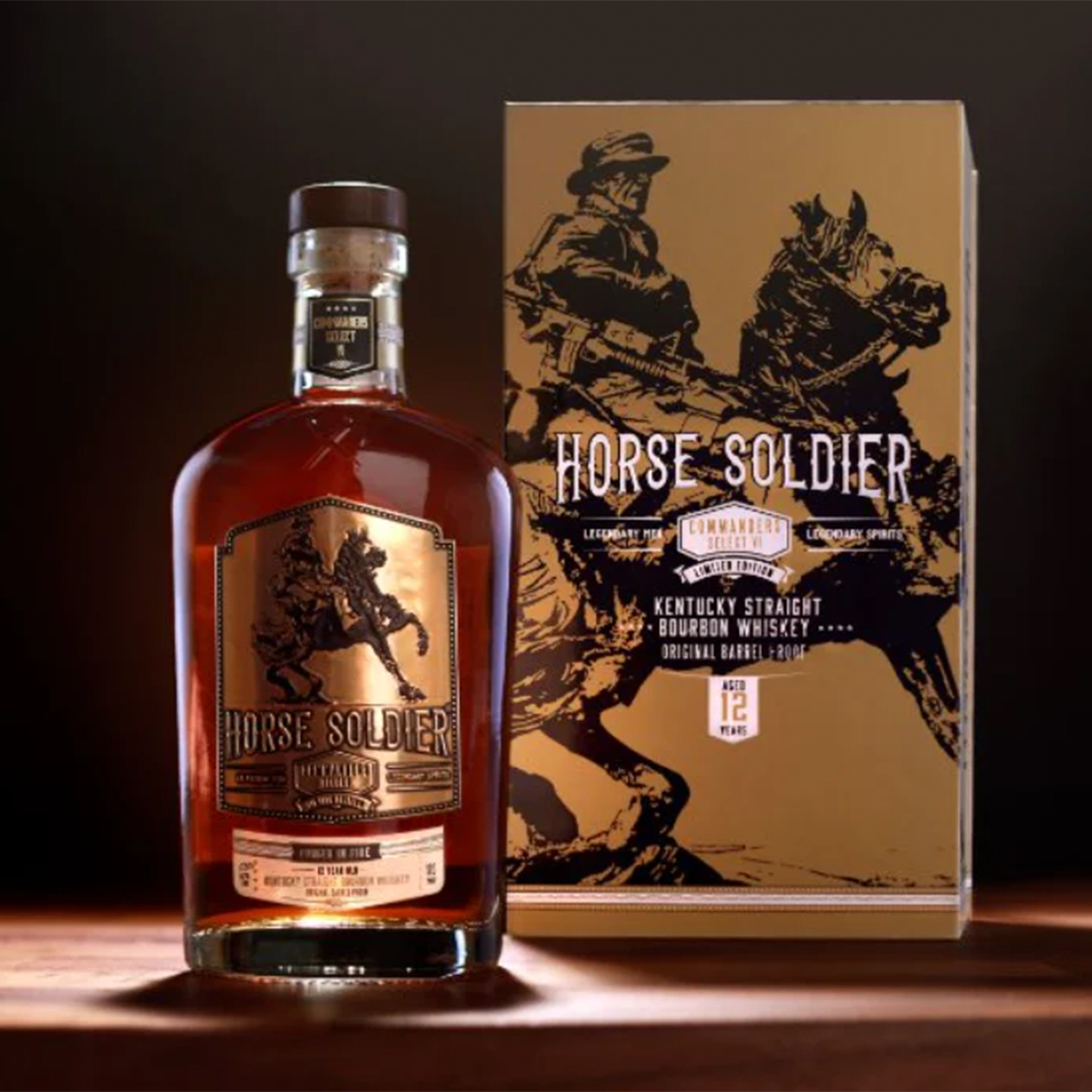 Horse Soldier Commander’s Select VI Legendary Men bourbon bottle with box, a tribute to U.S. Army Green Berets.