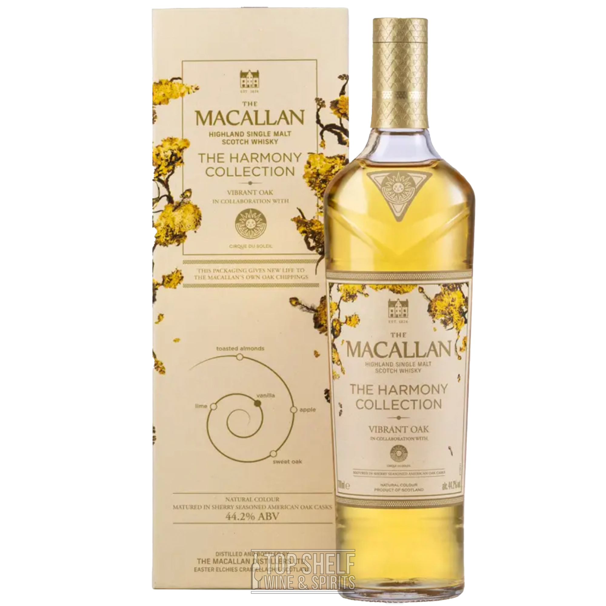 Macallan Harmony Collection Vibrant Oak Single Malt Scotch bottle with packaging featuring floral designs and details.
