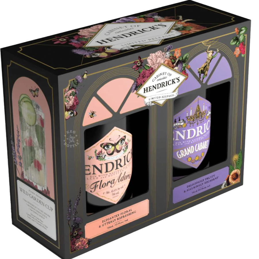 Hendrick's Flora Adora & Grand Cabaret gin combo pack featuring floral and fruity flavors.