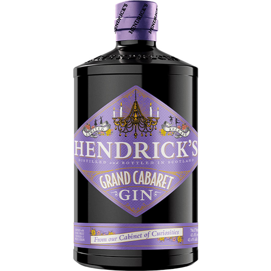 Hendrick's Grand Cabaret Gin bottle featuring an elegant design and purple accents.
