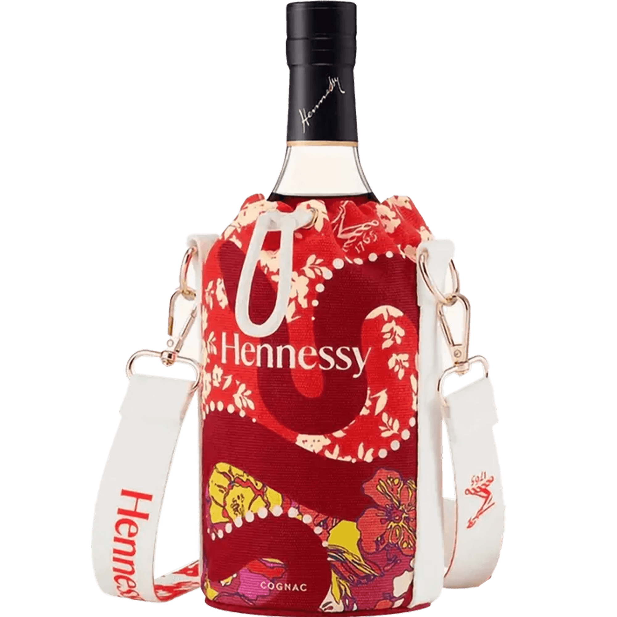 Hennessy VSOP Lunar New Year 2025 bottle with vibrant red bag by Shuting Qiu featuring floral designs.