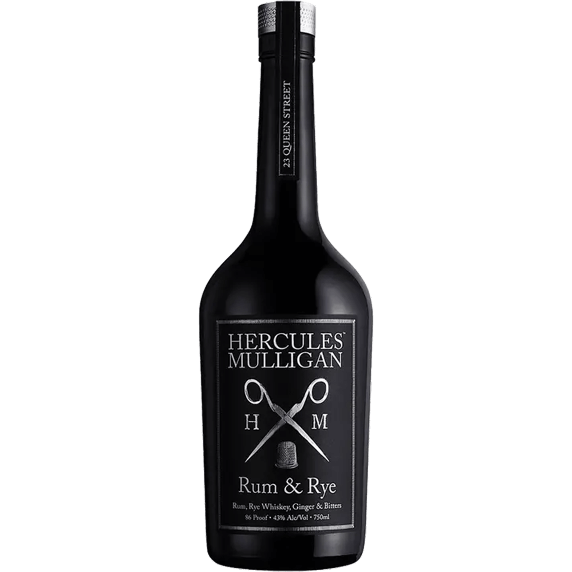 Hercules Mulligan Rum & Rye bottle featuring a sleek black design, symbolizing boldness and rebellion.