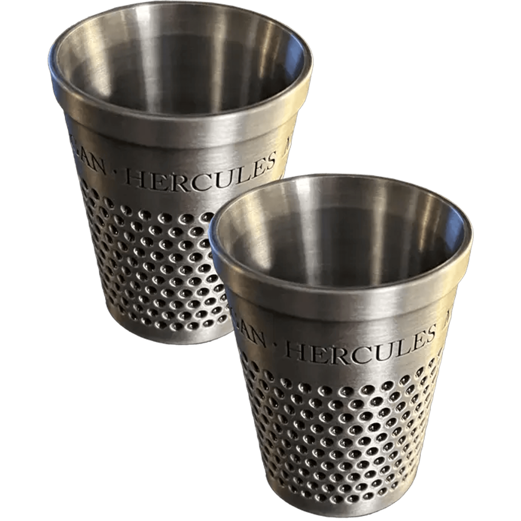 Set of two stainless steel thimbles featuring the name Hercules, ideal for cocktails or as a gift.