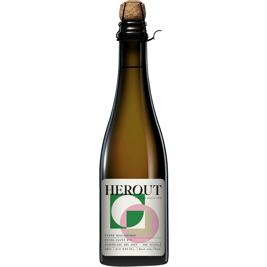 Herout Micro Cuvée No. 5 cider bottle, sparkling organic cider with light golden color.