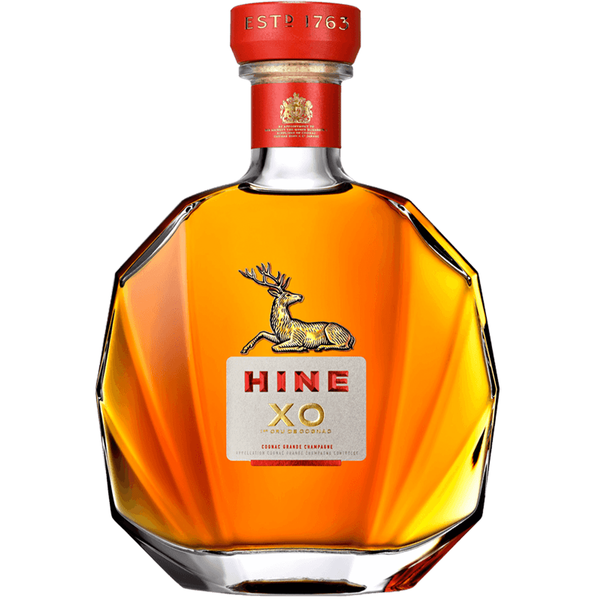 Hine XO 1er Cru Champagne Cognac 700ml in a faceted glass decanter, showcasing its amber hue and elegant design.
