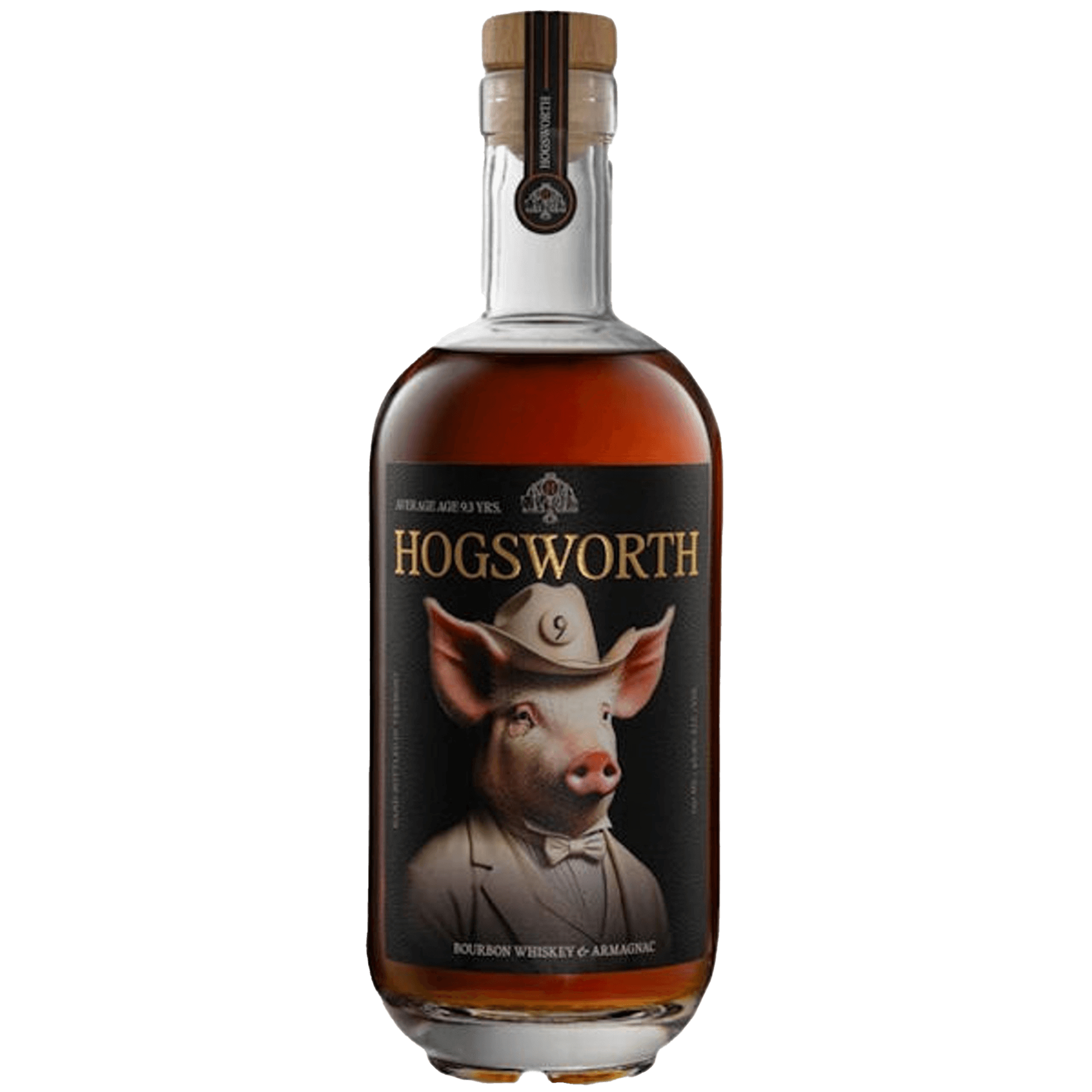Hogsworth 9 Year Old Bourbon Whiskey & Armagnac bottle featuring a distinctive pig design.