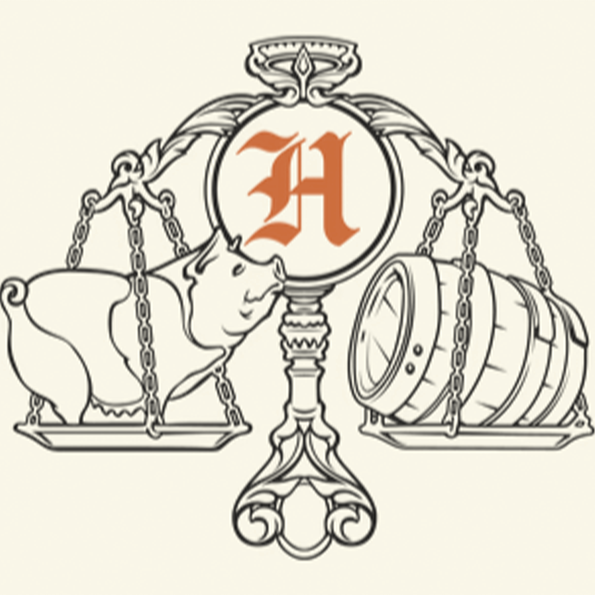 Illustration of a scale with a pig and a whiskey barrel, featuring an ornate 'H' in the center.