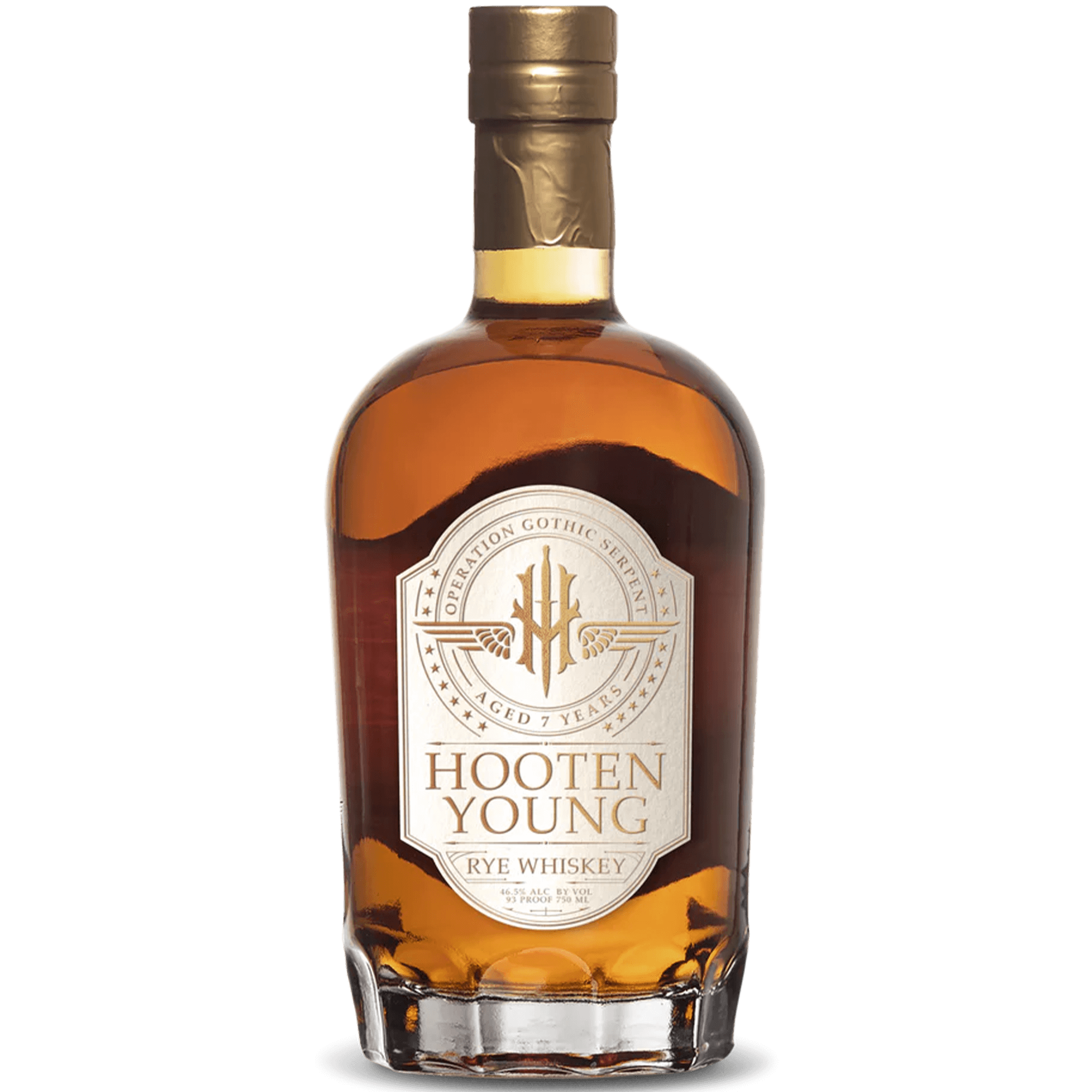 Hooten Young Operation Gothic Serpent Rye Whiskey bottle, aged 7 years, 93 proof, notes of apricot and caramelized pear.