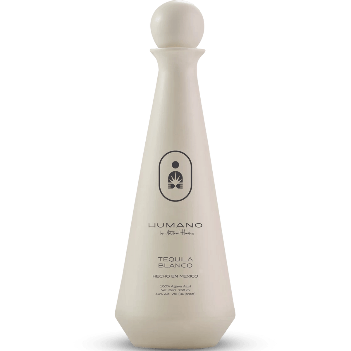 Humano Blanco Tequila bottle design showcasing a smooth, elegant shape with label details and 100% agave content.
