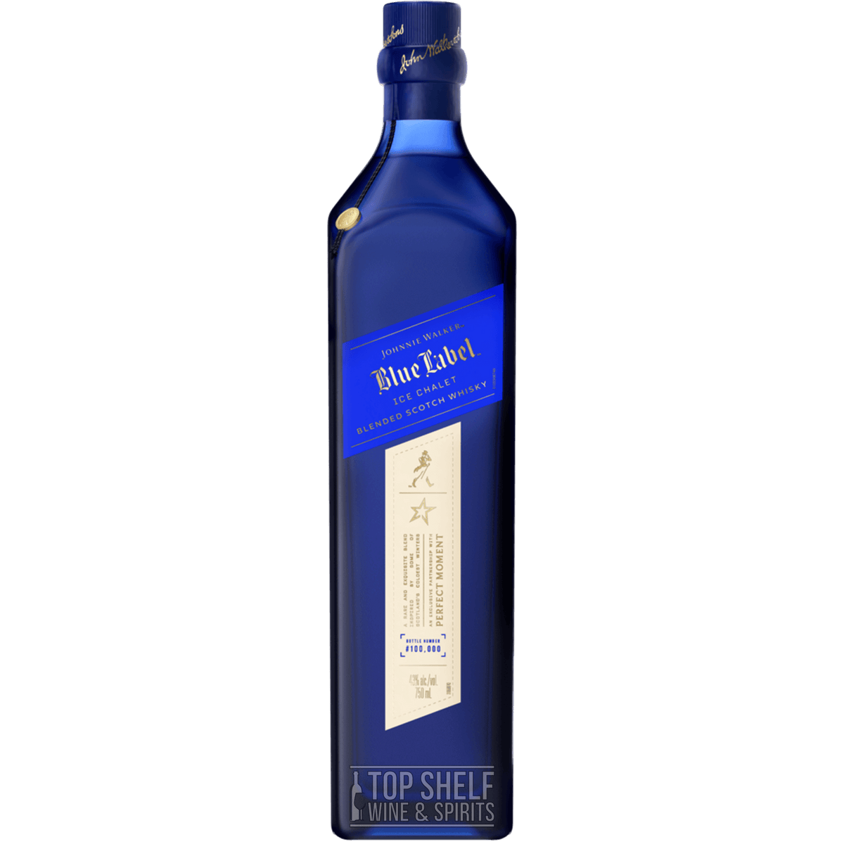 Johnnie Walker Ice Chalet Blue Label Scotch in a blue bottle, a limited edition luxury whisky for après-ski enjoyment.