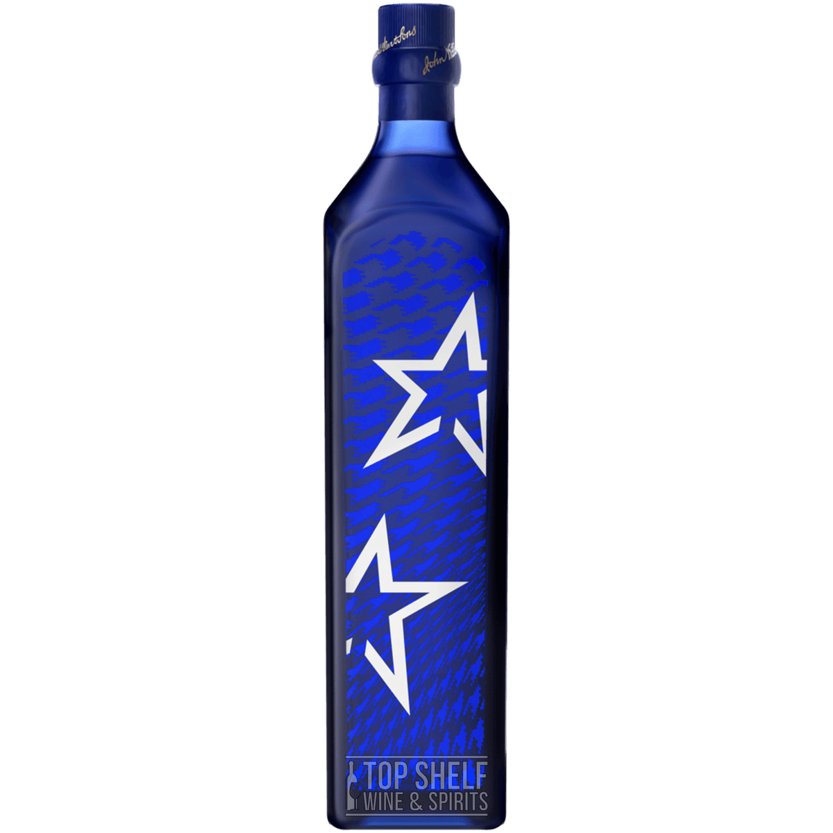 Johnnie Walker Blue Label Ice Chalet Limited Edition bottle with unique blue design and star motifs.