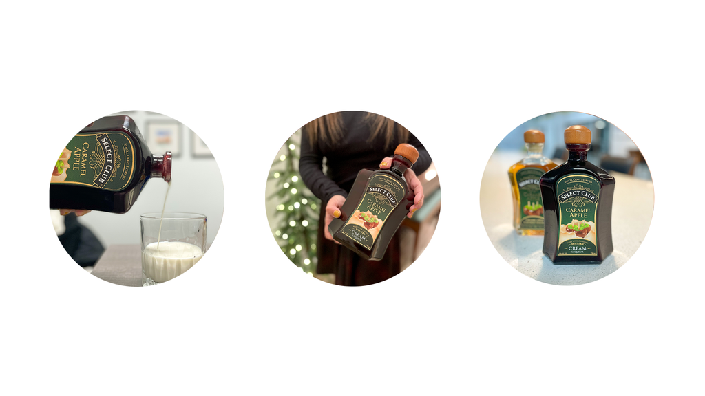 Pouring Select Club Caramel Apple Whisky & Cream into a glass, showcasing the product with a festive backdrop.