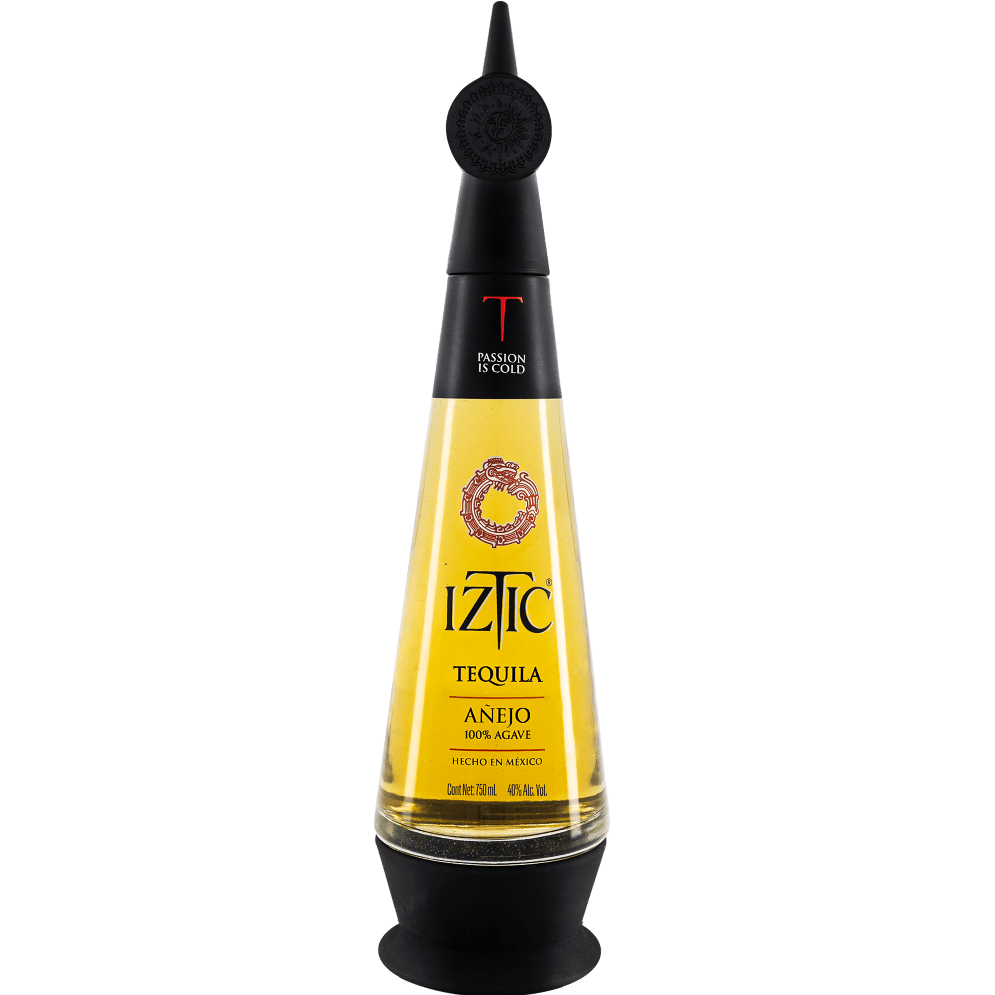 Iztic Añejo Tequila 700ml in a unique bottle design, showcasing its amber color and premium craftsmanship.