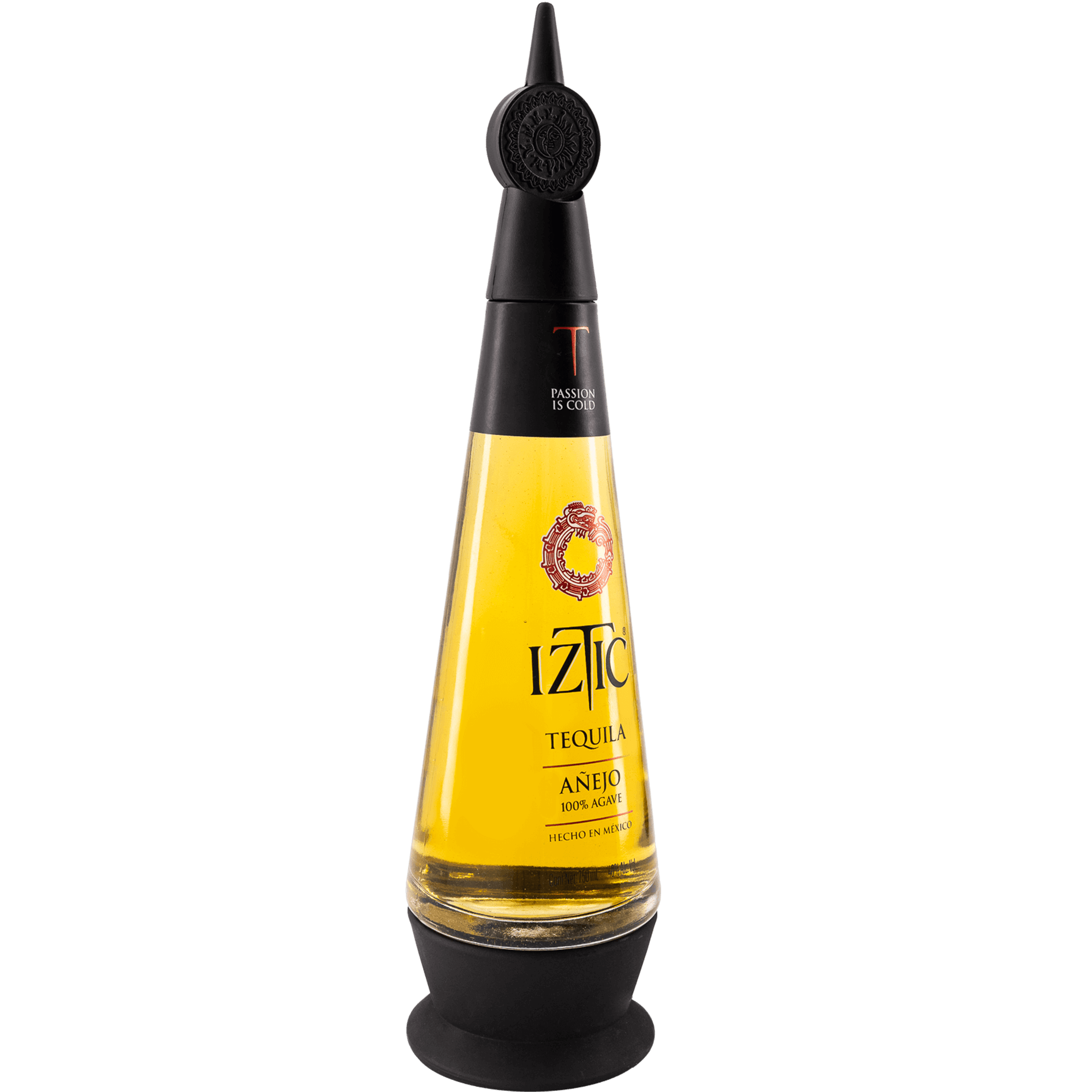 Iztic Añejo Tequila bottle 700ml with amber color and unique obsidian spear cap, showcasing rich flavors.