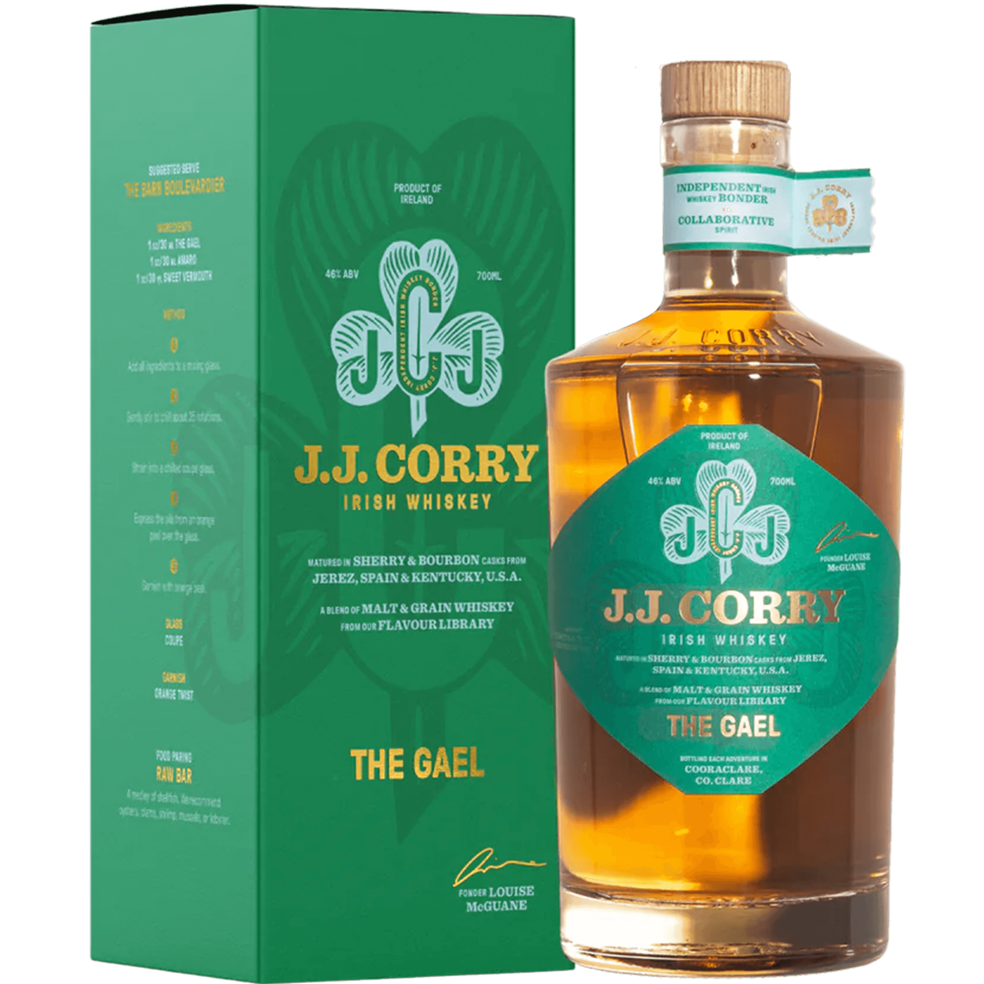 JJ Corry The Gael Irish Whiskey bottle with green packaging, showcasing malt and grain blend, aged in sherry and bourbon casks.