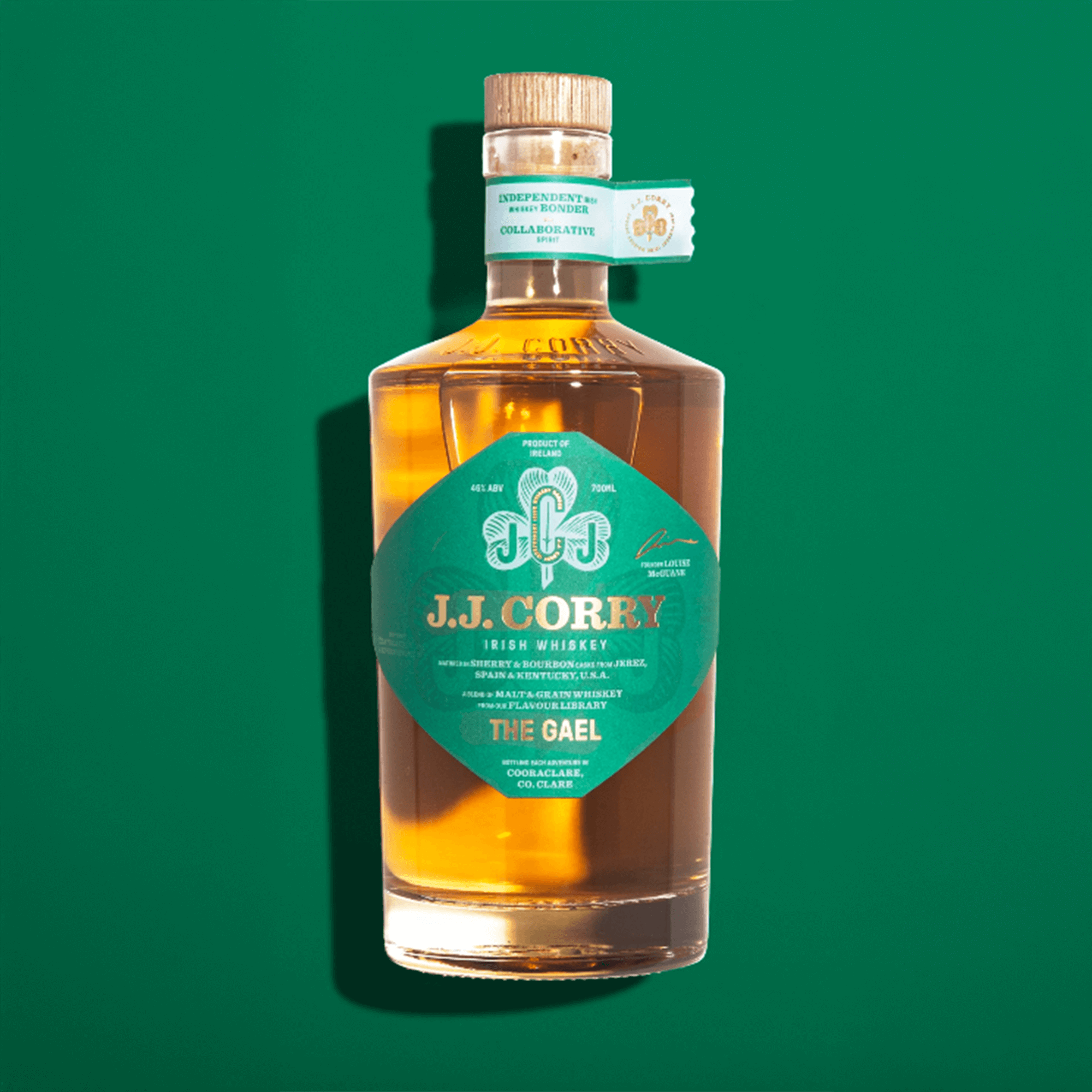 JJ Corry The Gael Irish Whiskey bottle, showcasing its rich amber color and unique label design.