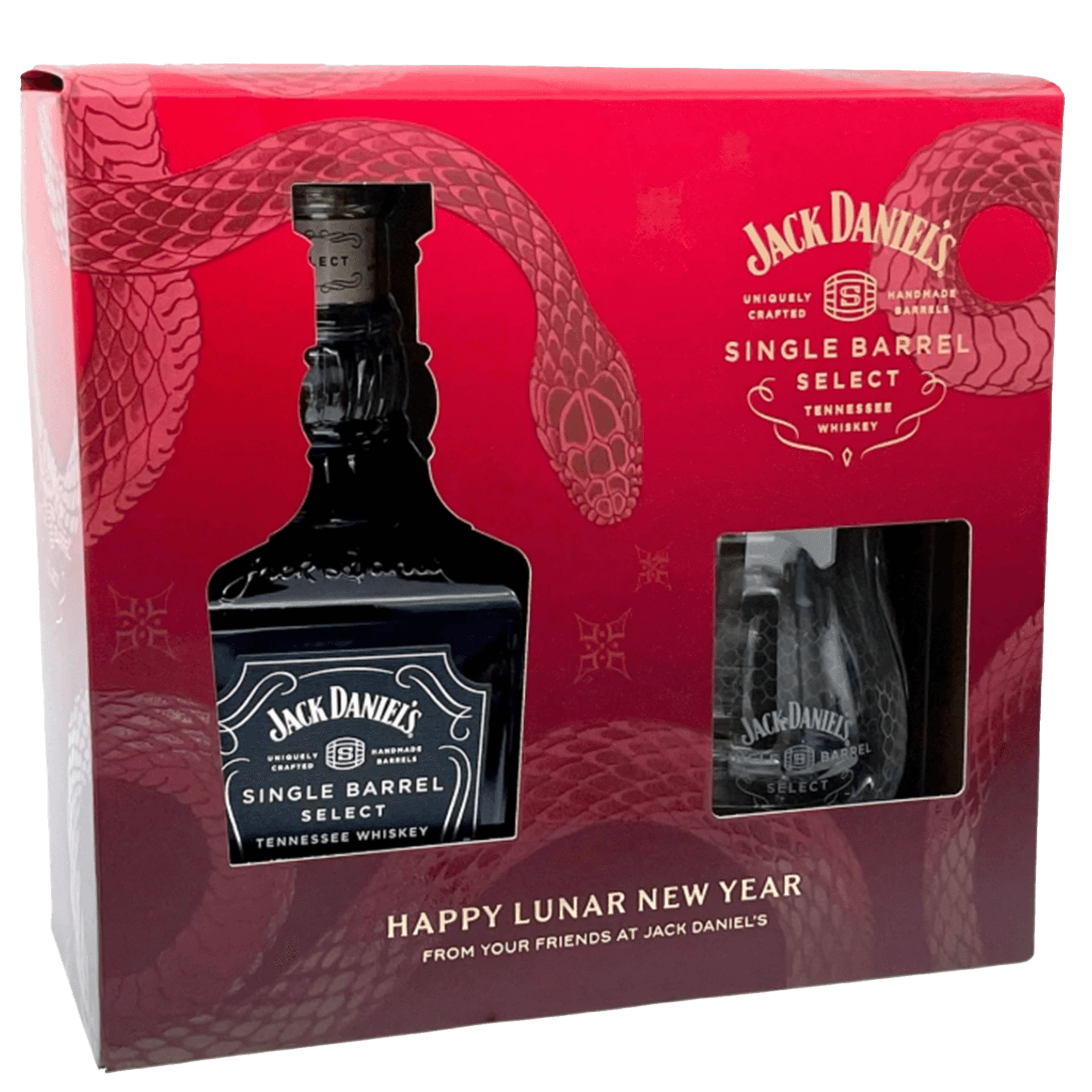 Jack Daniel's Year of The Snake 2025 Single Barrel Select Gift Set with whiskey glass and festive packaging.