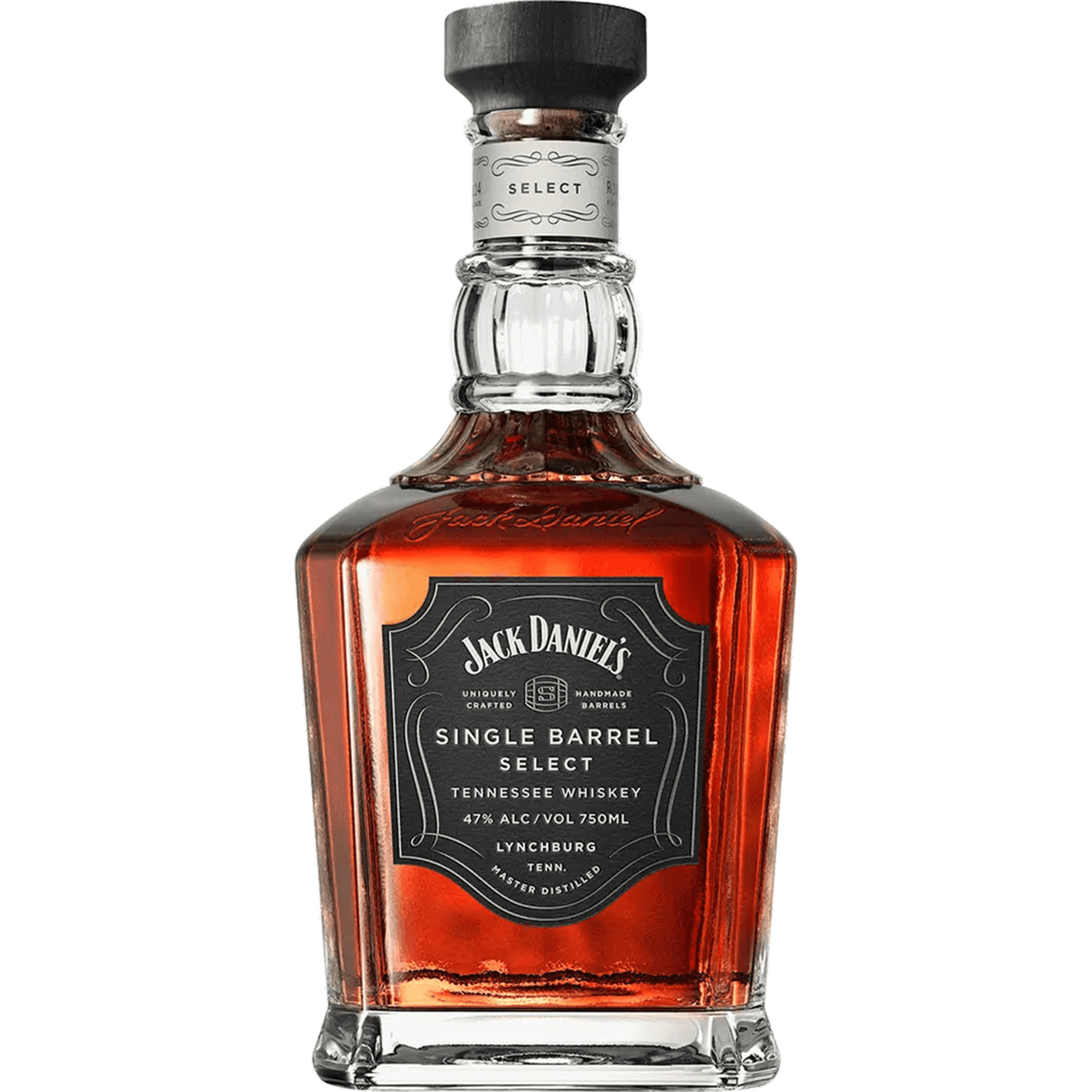 Jack Daniel's Single Barrel Select whiskey bottle with distinctive label showcasing its rich amber color.