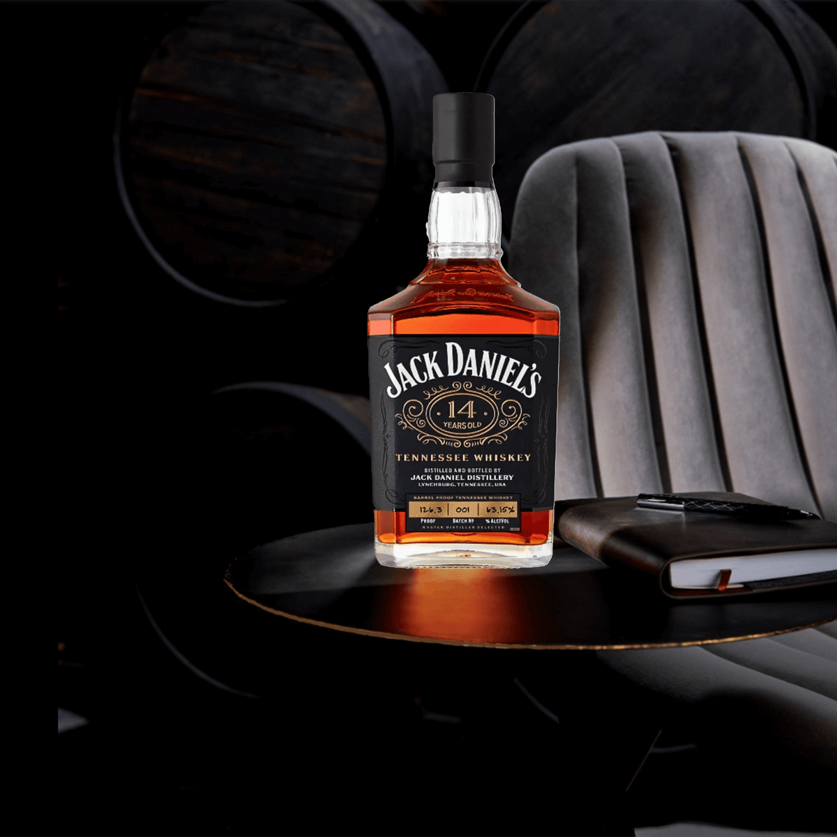 Bottle of Jack Daniel's 14 Year Tennessee Whiskey on a side table with a stylish chair in the background.