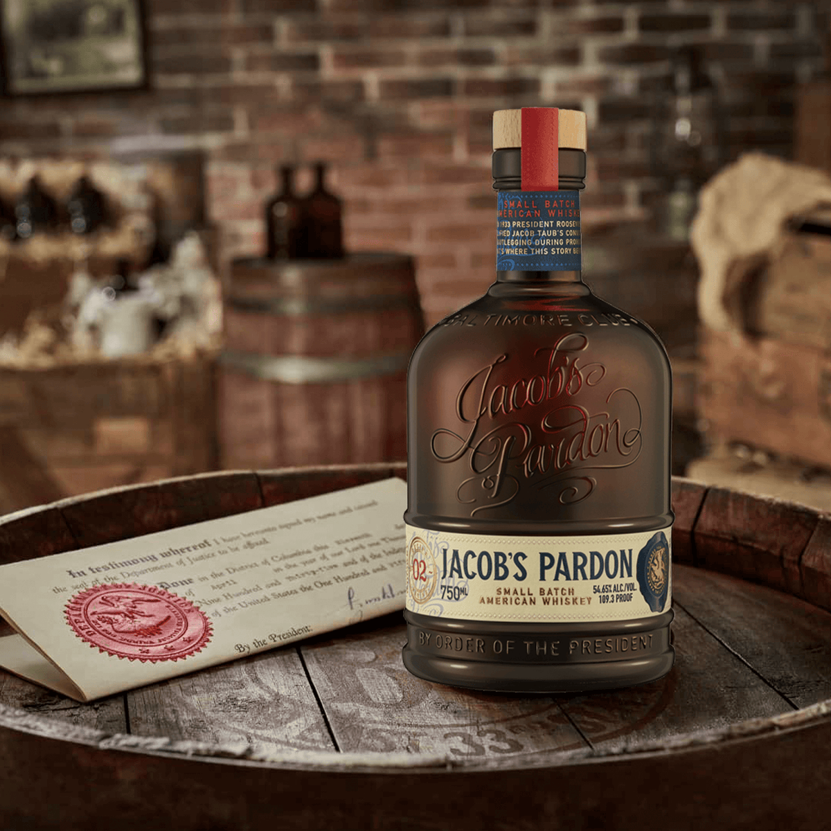 Bottle of Jacob's Pardon Small Batch No 2 American Whiskey with an antique setting and a presidential pardon letter.