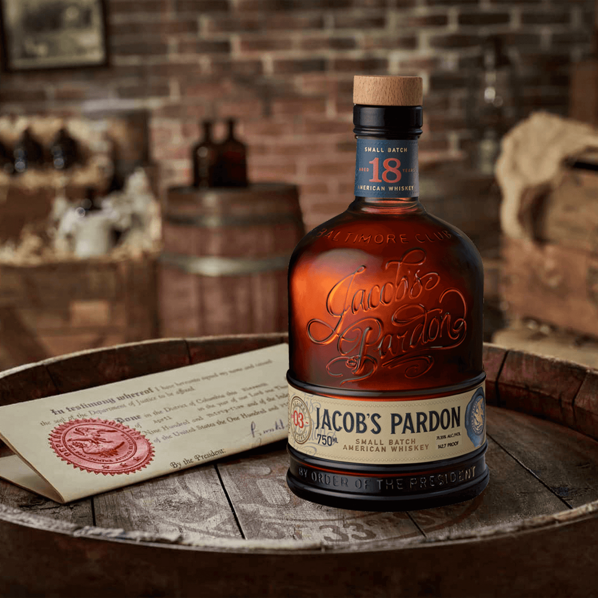 Jacob's Pardon Small Batch No 3 American Whiskey bottle with historical pardon letter on rustic barrel.