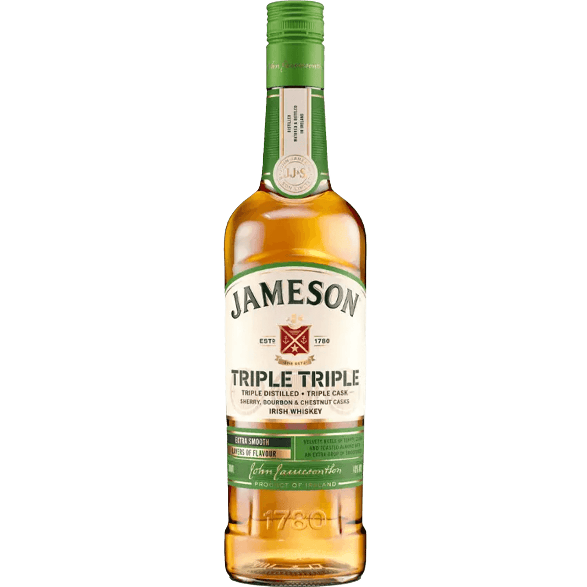 Jameson Triple Triple Irish Whiskey bottle, triple-distilled with notes of toffee, cacao, and toasted almonds.