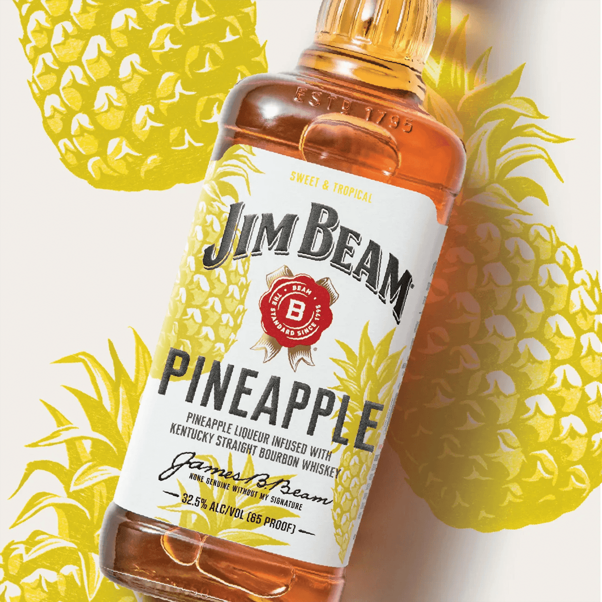 Jim Beam Pineapple Bourbon Whiskey bottle with sweet pineapple flavor and rich bourbon notes on a tropical backdrop.