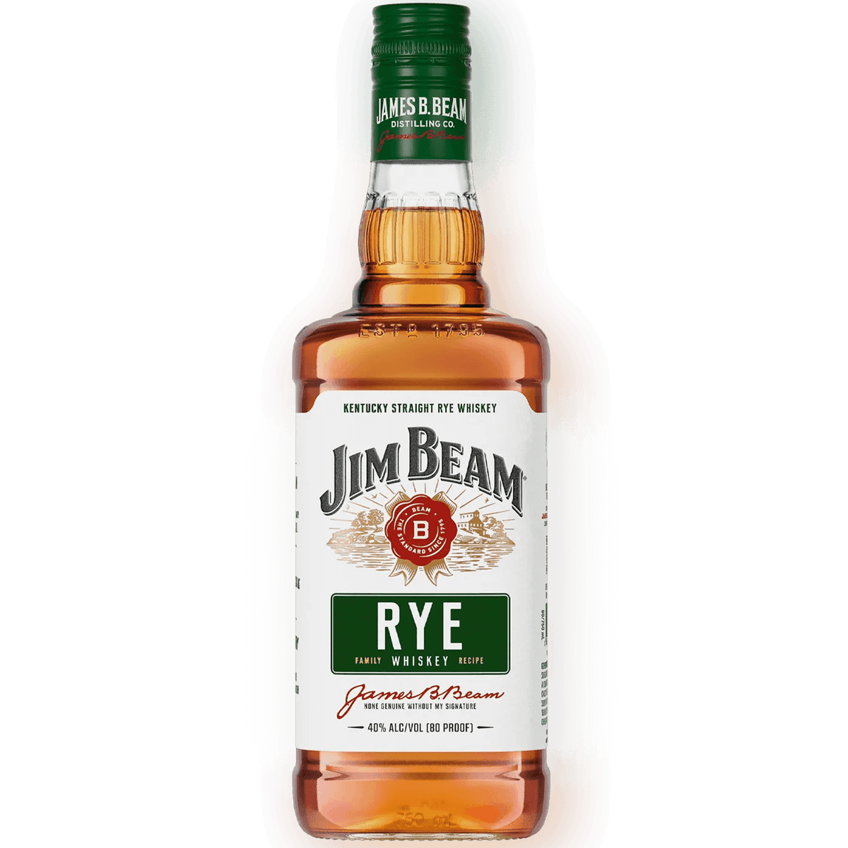Jim Beam Rye Whiskey bottle showcasing bold taste, spicy flavor, and classic old-school recipe. 80 Proof, 40% alcohol.