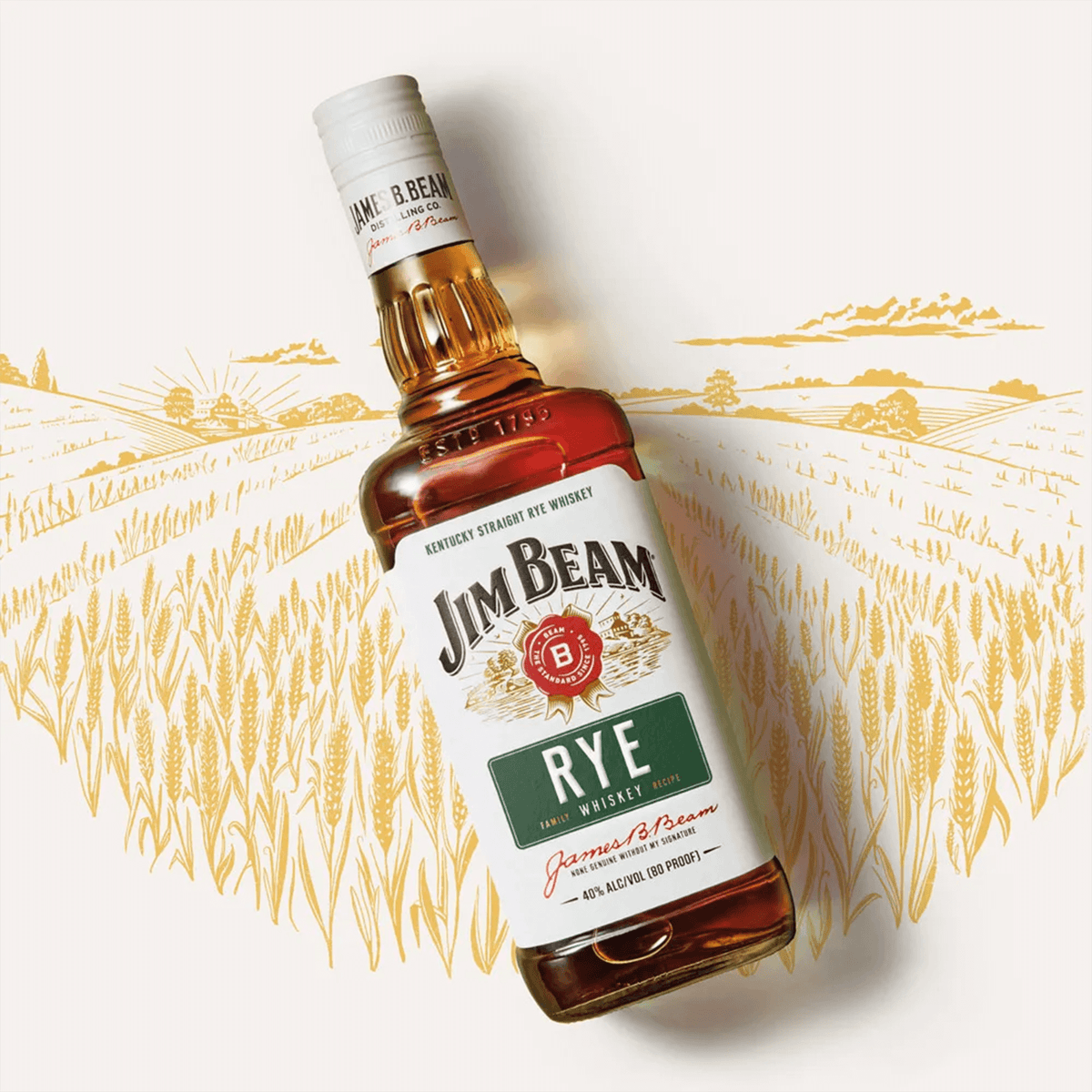 Jim Beam Rye Whiskey bottle with a wheat field background, showcasing bold taste and spicy flavor, 80 proof.
