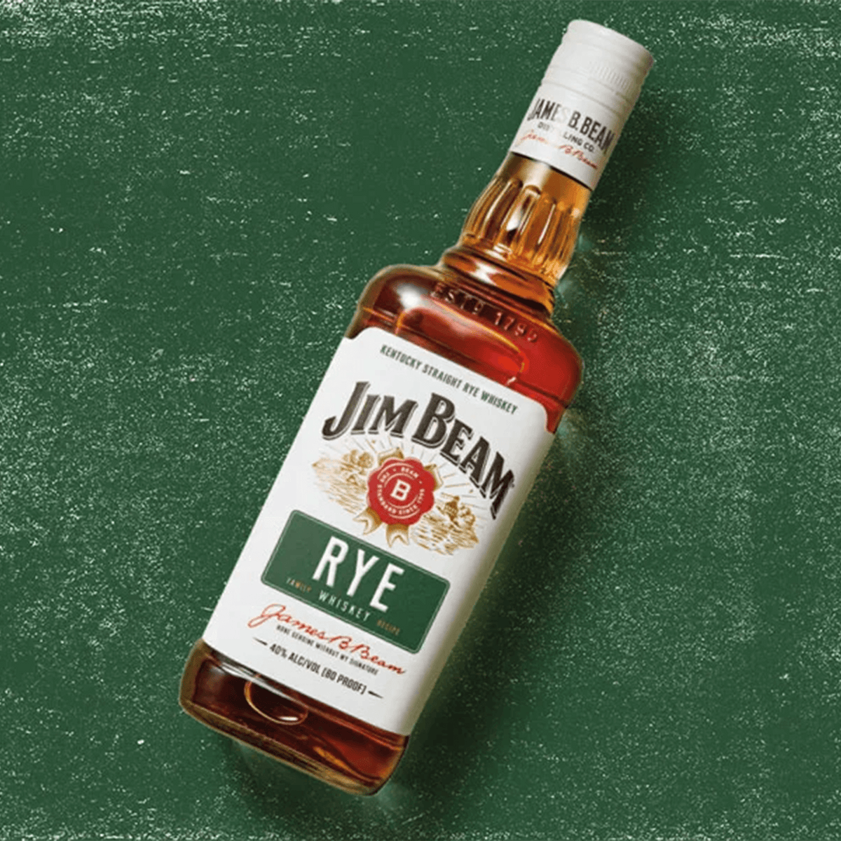 Jim Beam Rye Whiskey bottle showcasing bold taste and spicy flavor. Perfect for cocktails or sipping straight.