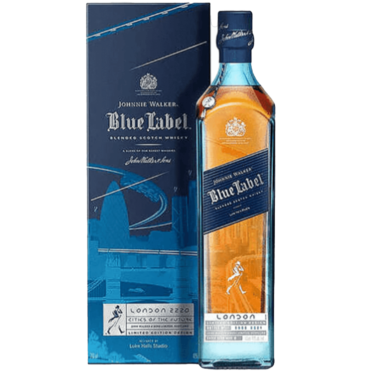 Johnnie Walker Blue Label Cities of the Future London 2220 Limited Edition bottle and packaging.