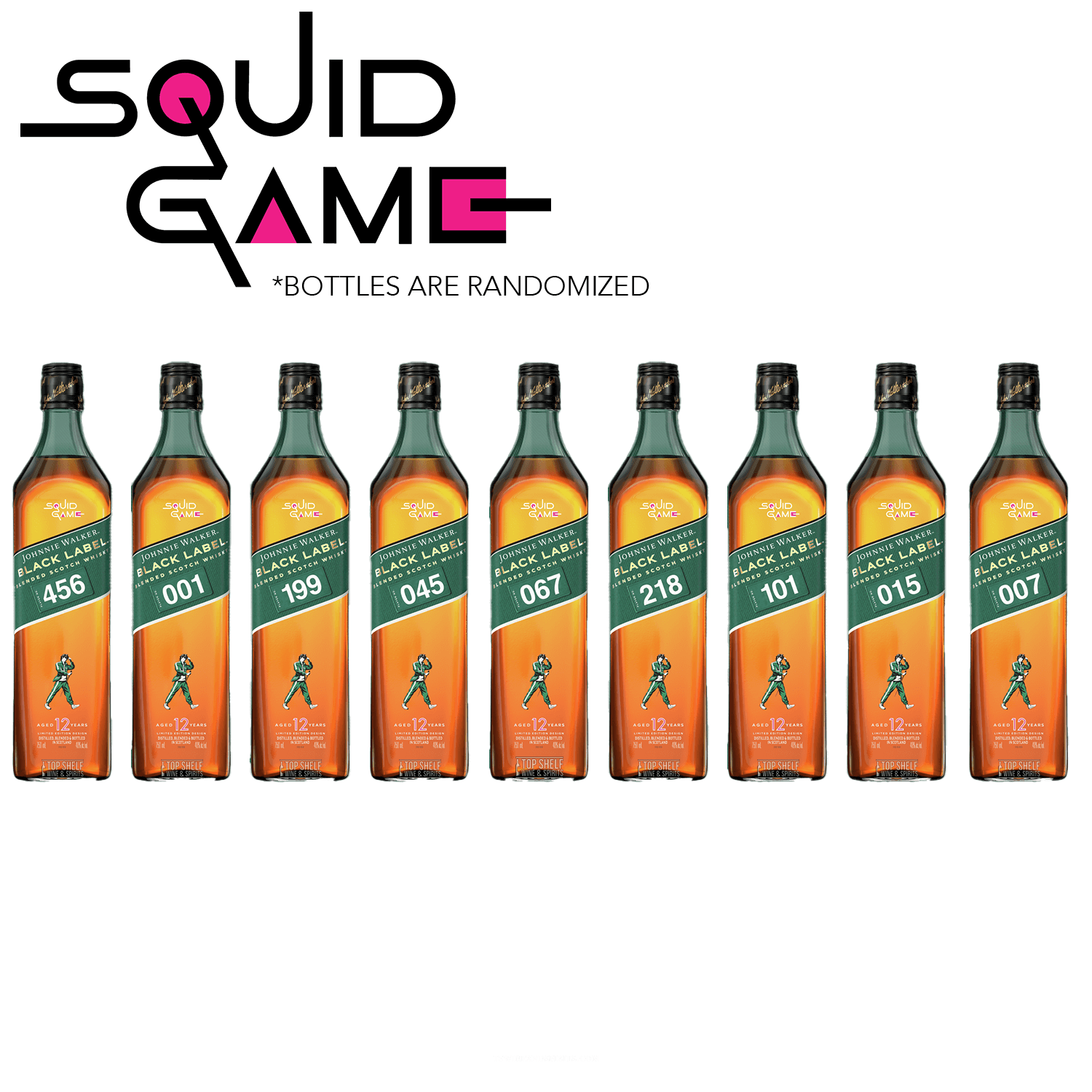Limited Edition Johnnie Walker Black Label bottles inspired by Squid Games, showcasing vibrant design and unique numbers.