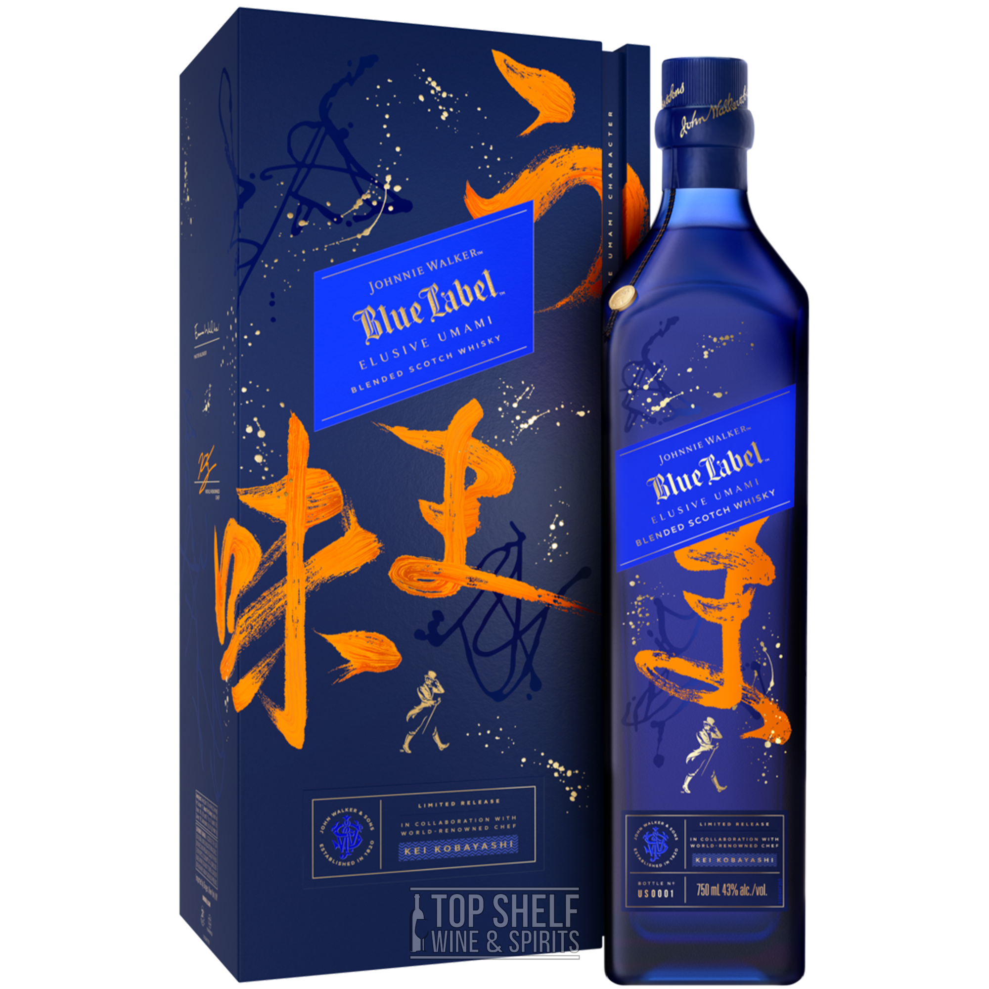 Johnnie Walker Blue Label Elusive Umami Scotch whisky in a decorative box showcasing its limited edition design.