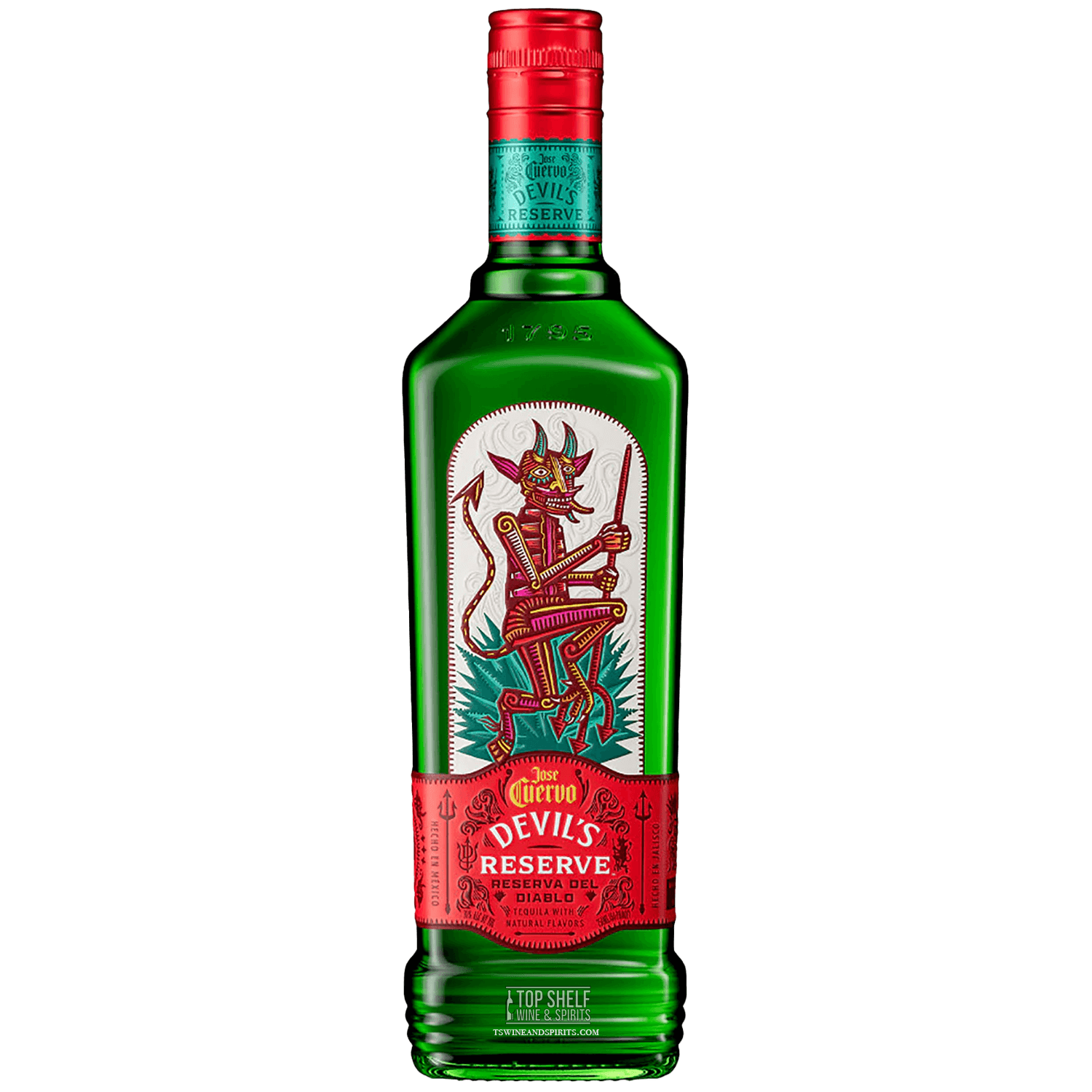 Jose Cuervo Devil's Reserve Tequila bottle with vibrant green and red design, showcasing unique flavor and bold branding.